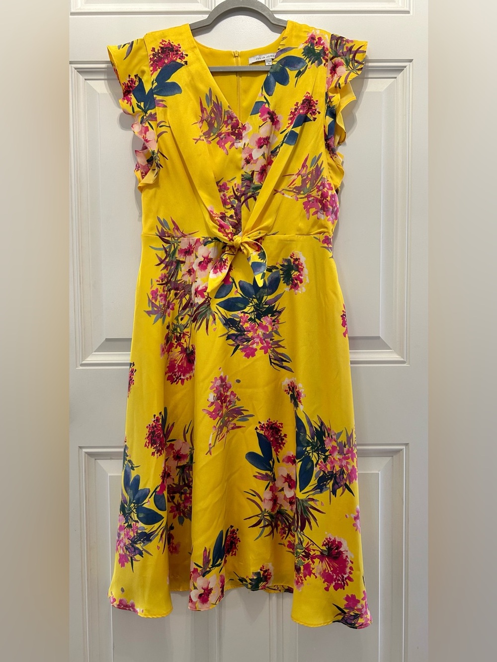 Julia Jordan Yellow Floral Flutter Sleeve Tie Front Midi Dress Garden Wedding 6